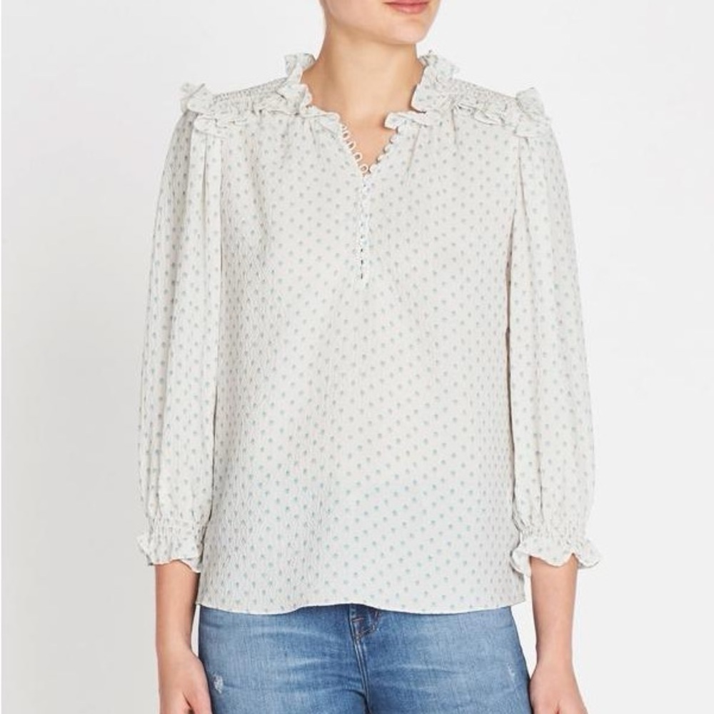 REBECCA TAYLOR IKAT DOT PRINT SILK BUTTON VANILLA LONG SLEEVE PEASANT BLOUSE TOP